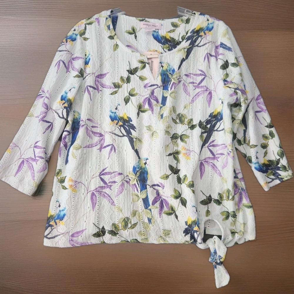 Allison Daley Womens Tunic Top Sz PM Parrot Bird Textured Split Neck‎ Tie Front
